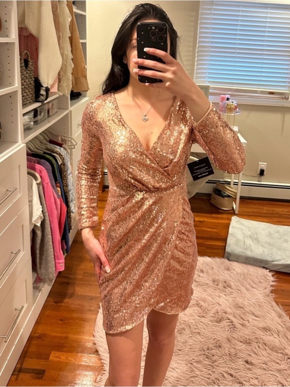 Revamped Rose Gold Sequin V Neck Long Sleeve Wrap Mini Cocktail Dress Small